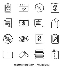 Thin line icon set : clipboard, calendar, percent, receipt, account balance, shopping list, bag, ticket, tax, pen, documents, label, towels, paper towel