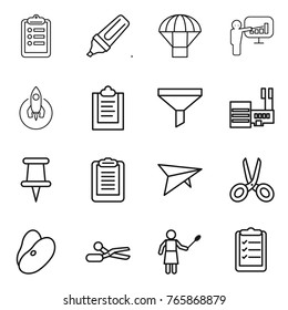 Thin line icon set : clipboard, marker, parachute, presentation, rocket, funnel, mall, pin, deltaplane, scissors, beans, woman with duster, list