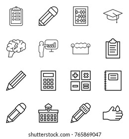 Thin line icon set : clipboard, pencil, abacus, graduate hat, brain, presentation, electrostatic, calculator, copybook, university, acid