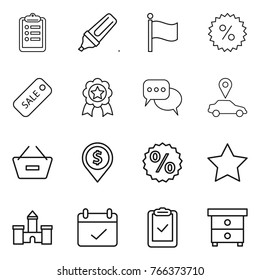 Thin line icon set : clipboard, marker, flag, percent, sale, medal, discussion, car pointer, remove from basket, dollar pin, star, castle, terms, check, nightstand