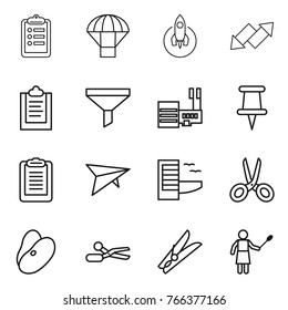 Thin line icon set : clipboard, parachute, rocket, up down arrow, funnel, mall, pin, deltaplane, hotel, scissors, beans, clothespin, woman with duster