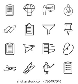 Thin line icon set : clipboard, parachute, presentation, rocket, up down arrow, funnel, pin, deltaplane, hotel, beans, scissors, clothespin, woman with duster, list