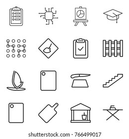 Thin line icon set : clipboard, chip, presentation, graduate hat, under construction, check, pallet, windsurfing, cutting board, stairs, utility room, iron