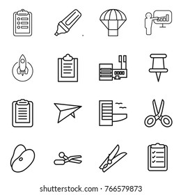 Thin line icon set : clipboard, marker, parachute, presentation, rocket, mall, pin, deltaplane, hotel, scissors, beans, clothespin, list