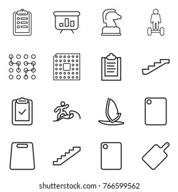 Thin line icon set : clipboard, presentation, chess horse, hoverboard, chip, cpu, stairs, check, surfer, windsurfing, cutting board