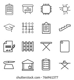 Thin line icon set : clipboard, presentation, chip, graduate hat, stairs, inventory, pallet, iron board, cutting, utility room, list