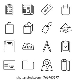 Thin line icon set : clipboard, newspaper, sale, shopping bag, label, copybook, project, drawing compasses, check, invoice, documents, map, paper towel