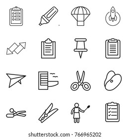 Thin line icon set : clipboard, marker, parachute, rocket, up down arrow, pin, deltaplane, hotel, scissors, beans, clothespin, woman with duster, list