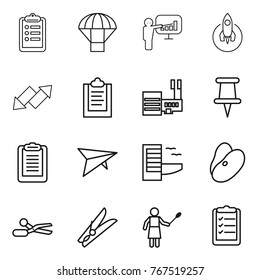 Thin line icon set : clipboard, parachute, presentation, rocket, up down arrow, mall, pin, deltaplane, hotel, beans, scissors, clothespin, woman with duster, list