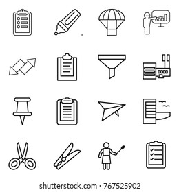 Thin line icon set : clipboard, marker, parachute, presentation, up down arrow, funnel, mall, pin, deltaplane, hotel, scissors, clothespin, woman with duster, list