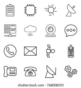 Thin line icon set : clipboard, chip, satellite antenna, server, cloud wireless, web cam, balloon, phone, mail, remote control, intercome, gears