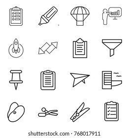 Thin line icon set : clipboard, marker, parachute, presentation, rocket, up down arrow, funnel, pin, deltaplane, hotel, beans, scissors, clothespin, list