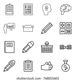 Thin line icon set : clipboard, abacus, bulb head, brain, presentation, electrostatic, pencil, calculator, copybook, university, school, acid, chemical