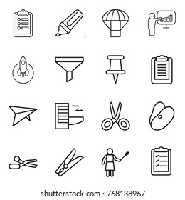 Thin line icon set : clipboard, marker, parachute, presentation, rocket, funnel, pin, deltaplane, hotel, scissors, beans, clothespin, woman with duster, list