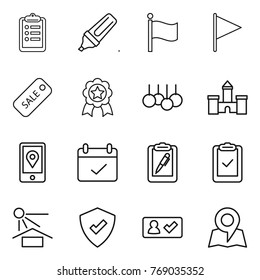 Thin line icon set : clipboard, marker, flag, sale, medal, castle, mobile location, terms, pen, check, sun potection, protected, in, map