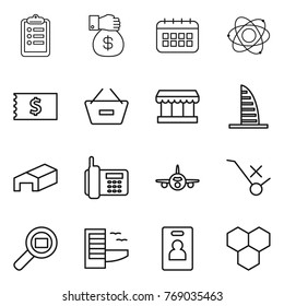 Thin line icon set : clipboard, money gift, calendar, atom, receipt, remove from basket, market, skyscraper, warehouse, phone, plane, do not trolley sign, cargo search, hotel, identity card