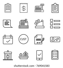 Thin line icon set : clipboard, receipt, cashbox, shopping list, terms, customs, inventory, check in, detector, baggage checking, mobile