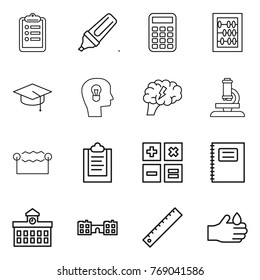 Thin line icon set : clipboard, marker, calculator, abacus, graduate hat, bulb head, brain, microscope, electrostatic, copybook, university, school, ruler, acid