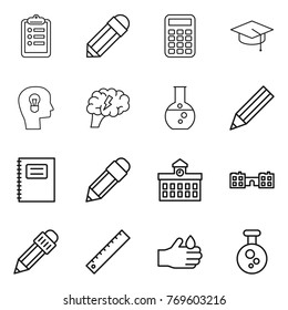 Thin line icon set : clipboard, pencil, calculator, graduate hat, bulb head, brain, round flask, copybook, university, school, ruler, acid, chemical