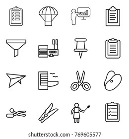 Thin line icon set : clipboard, parachute, presentation, funnel, mall, pin, deltaplane, hotel, scissors, beans, clothespin, woman with duster, list