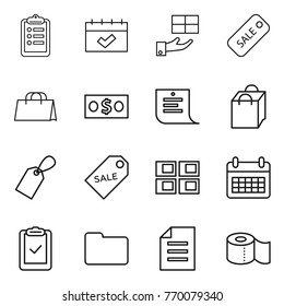 Thin line icon set : clipboard, calendar, gift, sale, shopping bag, money, list, label, panel house, check, documents, document, toilet paper