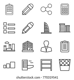 Thin line icon set : clipboard, pencil, share, calculator, list, skyscraper, district, city, office, client, sorting, hotel, rack, trash bin