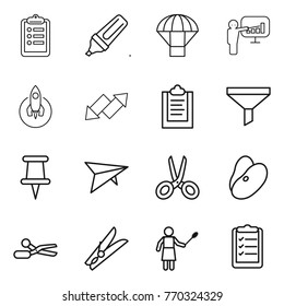 Thin line icon set : clipboard, marker, parachute, presentation, rocket, up down arrow, funnel, pin, deltaplane, scissors, beans, clothespin, woman with duster, list