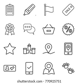 Thin line icon set : clipboard, marker, flag, sale, medal, discussion, remove from basket, percent, star, castle, geo pin, mobile location, check in, checking, map, pets