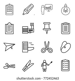 Thin line icon set : clipboard, marker, presentation, rocket, mall, pin, deltaplane, hotel, scissors, beans, clothespin, woman with duster, list
