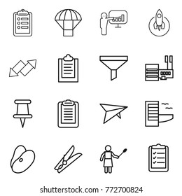 Thin line icon set : clipboard, parachute, presentation, rocket, up down arrow, funnel, mall, pin, deltaplane, hotel, beans, clothespin, woman with duster, list