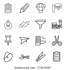 Thin line icon set : clipboard, marker, parachute, presentation, rocket, up down arrow, funnel, mall, pin, deltaplane, hotel, scissors, beans, clothespin, list