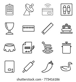 Thin line icon set : clipboard, satellite antenna, tap to pay, wc, wineglass, bunker, ruler, flower bed, stadium, inventory, rocking chair, pan, kitchen scales, rolling pin, hot pepper, goose