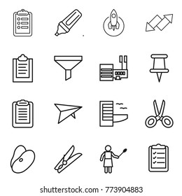 Thin line icon set : clipboard, marker, rocket, up down arrow, funnel, mall, pin, deltaplane, hotel, scissors, beans, clothespin, woman with duster, list