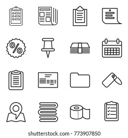 Thin line icon set : clipboard, newspaper, shopping list, percent, pin, money, calendar, invoice, documents, label, map, towels, toilet paper