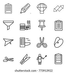 Thin line icon set : clipboard, marker, parachute, up down arrow, funnel, mall, pin, deltaplane, hotel, scissors, beans, clothespin, woman with duster, list