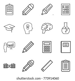 Thin line icon set : clipboard, pencil, marker, abacus, graduate hat, bulb head, brain, round flask, presentation, calculator, copybook, school, ruler