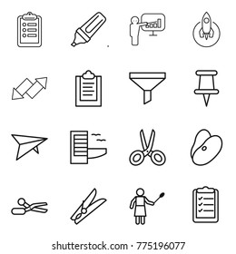 Thin line icon set : clipboard, marker, presentation, rocket, up down arrow, funnel, pin, deltaplane, hotel, scissors, beans, clothespin, woman with duster, list