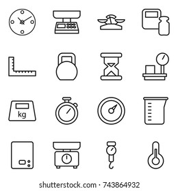 thin line icon set : clock, market scales, weight, ruler, heavy, sand, warehouse, stopwatch, barometer, measuring cup, kitchen, handle, thermometer
