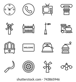thin line icon set : clock, phone, tv, column, windmill, gothic architecture, outdoor light, train, dresser, welcome mat, kettle, hand mill, sickle, wheel, hard reach place cleaning