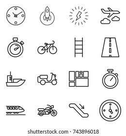 thin line icon set : clock, rocket, lightning, journey, stopwatch, bike, stairs, road, sea shipping, scooter, consolidated cargo, train, motorcycle, escalator, watch