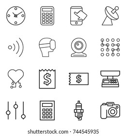 thin line icon set : clock, calculator, touch, satellite antenna, wireless, virtual mask, web cam, chip, cardio, receipt, market scales, equalizer, spark plug, camera
