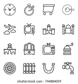 thin line icon set : clock, stopwatch, delivery, cell corection, journey, tv, castle, minaret, fort, dresser, hand mill, wheel, fence, horseshoe, water tap
