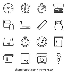 thin line icon set : clock, alarm, stopwatch, market scales, weight, ruler, heavy, barometer, measuring cup, kitchen, handle