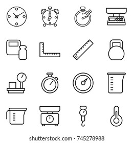 thin line icon set : clock, alarm, stopwatch, market scales, weight, ruler, heavy, warehouse, barometer, measuring cup, kitchen, handle, thermometer