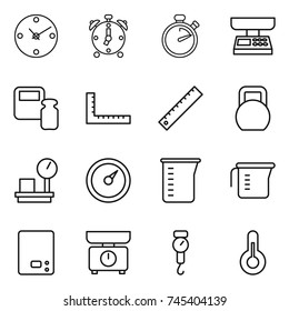 thin line icon set : clock, alarm, stopwatch, market scales, weight, ruler, heavy, warehouse, barometer, measuring cup, kitchen, handle, thermometer