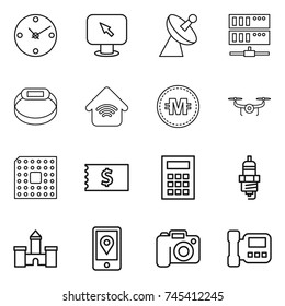 thin line icon set : clock, monitor arrow, satellite antenna, server, smart bracelet, wireless home, crypto currency, drone, cpu, receipt, calculator, spark plug, castle, mobile location, camera