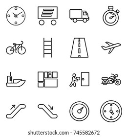 thin line icon set : clock, delivery, stopwatch, bike, stairs, road, plane, sea shipping, consolidated cargo, courier, motorcycle, escalator, barometer, watch