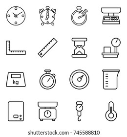 thin line icon set : clock, alarm, stopwatch, market scales, ruler, sand, warehouse, heavy, barometer, measuring cup, kitchen, handle, thermometer