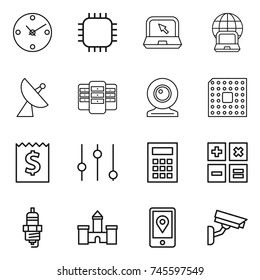 thin line icon set : clock, chip, notebook, globe, satellite antenna, server, web cam, cpu, receipt, equalizer, calculator, spark plug, castle, mobile location, surveillance camera
