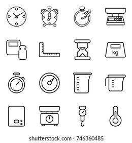 thin line icon set : clock, alarm, stopwatch, market scales, weight, ruler, sand, heavy, barometer, measuring cup, kitchen, handle, thermometer